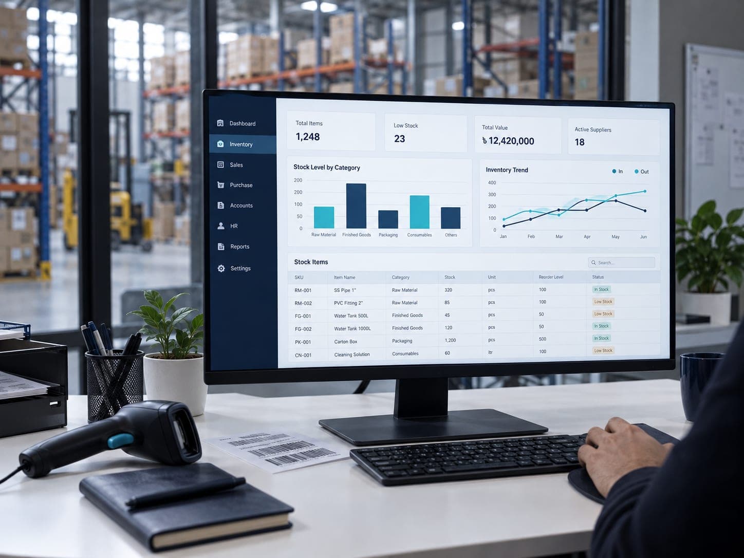 An ERP dashboard on a monitor in an office overlooking a warehouse