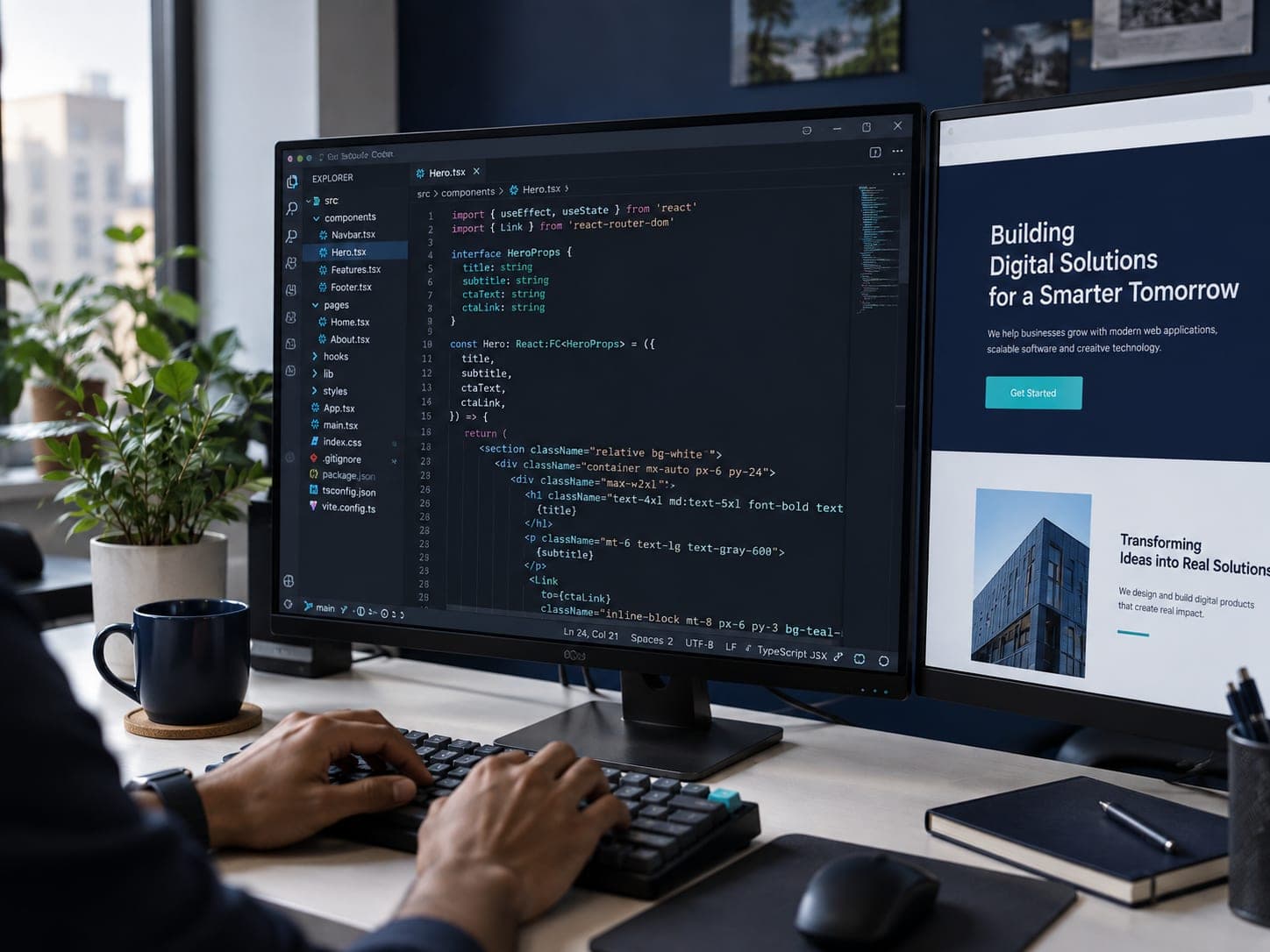 A developer writing React code, with the finished corporate website on a second screen